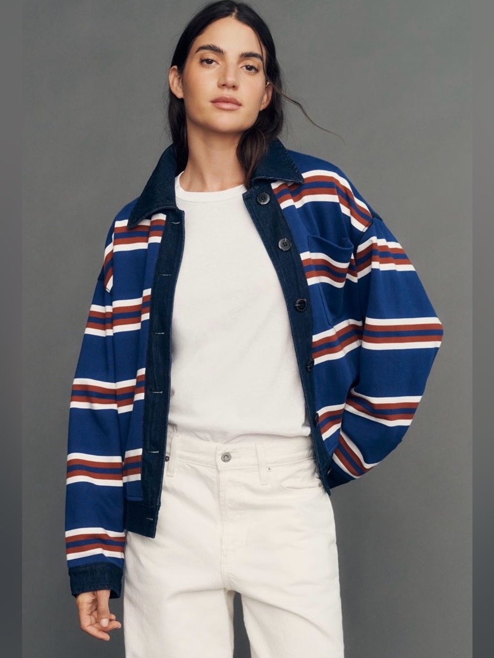 NWT - Maeve by Anthropologie Denim Trimmed Collared Cardigan in Blue Stripe